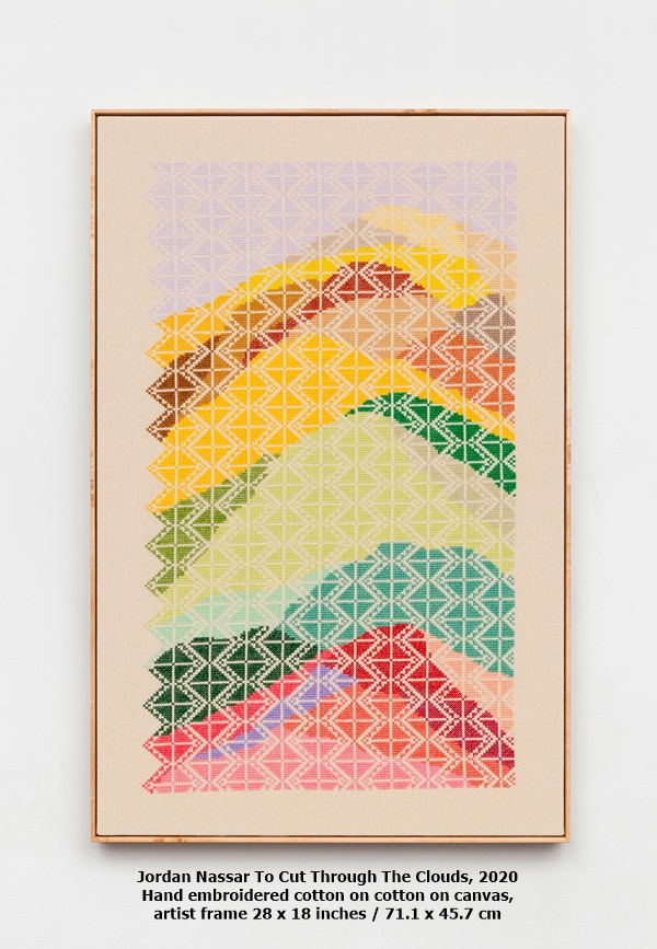 Jordan Nassar To Cut Through The Clouds, 2020
Hand embroidered cotton on cotton on canvas, artist frame 28 x 18 inches / 71.1 x 45.7 cm
