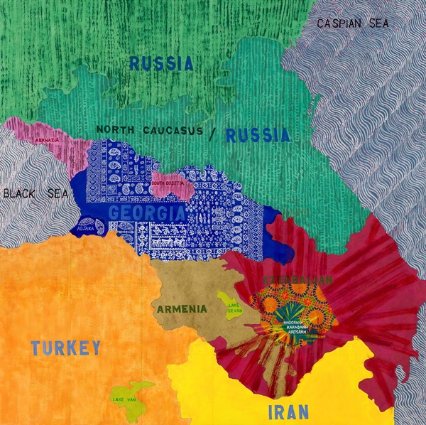 Joyce Kozloff,The Caucasus, 2022-23. Acrylic on canvas, 60 x 60 inches 