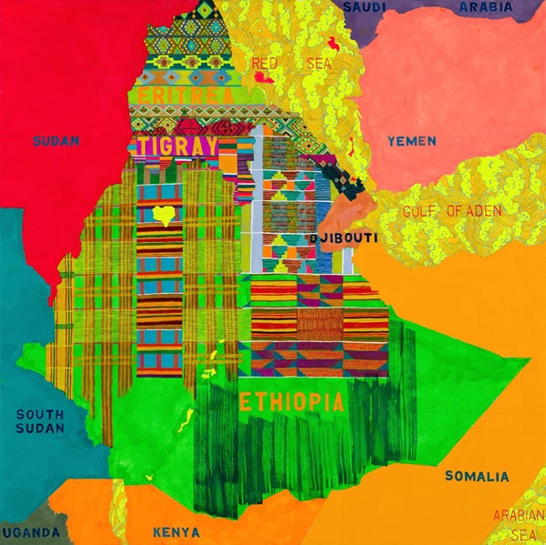 Joyce Kozloff,Tigray Ethiopia Eritrea, 2022-23. Acrylic on canvas, 60 x 60 inches. 