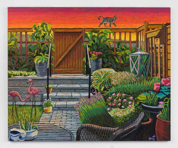 Suburban Psychedelic Garden with Plastic Flamingos, 2023, oil stick, oil pastel, and Flashe on burlap over canvas, 64 x 80 inches