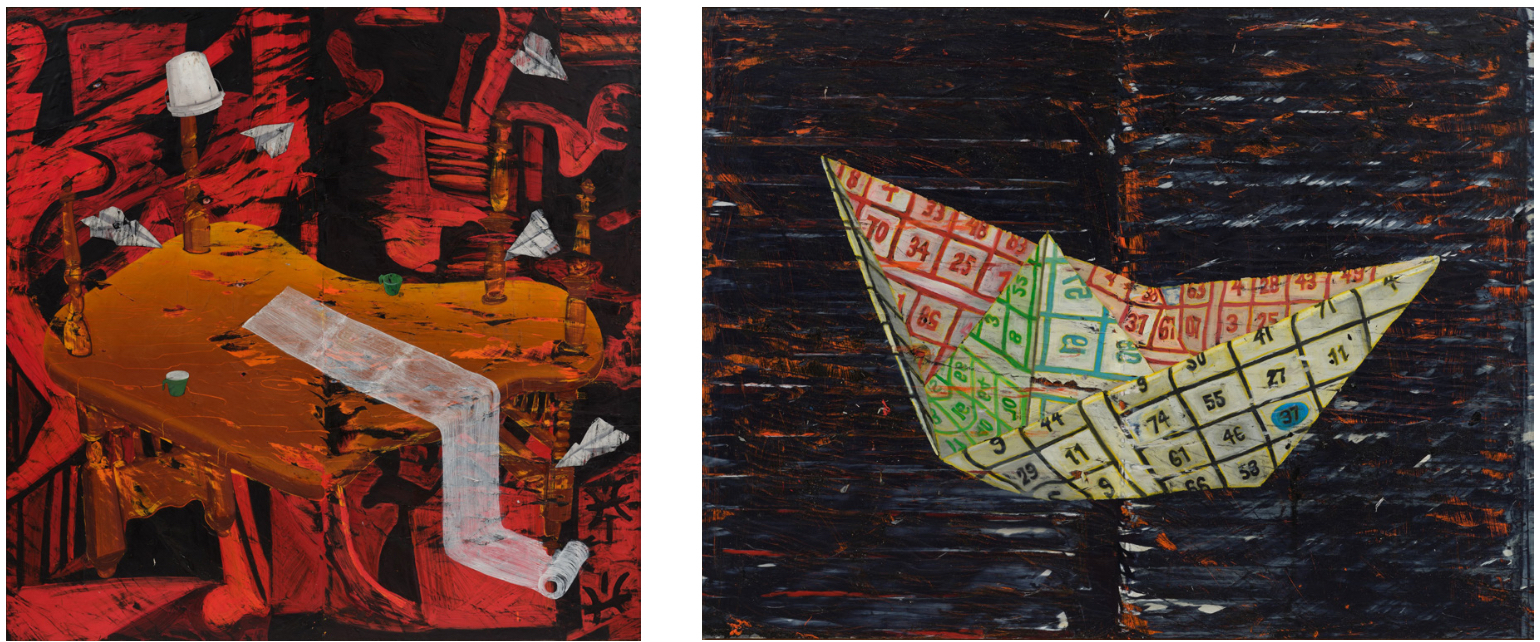 Left : The Runway
2024
Oil paint and fabric collaged on canvas
242.9 x 242.9 x 3.8 cm / 95 5/8 x 95 5/8 x 1 1/2 in
<br>
Right : Caribe Bingo
2024
Oil paint and fabric collaged on canvas
184.5 x 242.6 x 3.8 cm / 72 5/8 x 95 1/2 x 1 1/2 in 