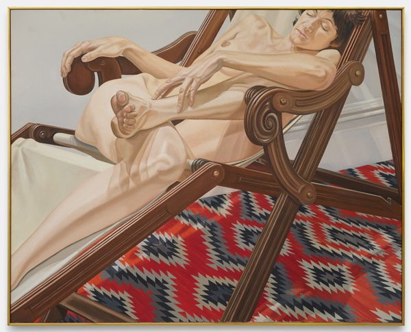 Philip Pearlstein, Female Model on Deck Chair, 1978, Oil on canvas, 48 x 60 in (121 x 152.4 cm). Courtesy the Phillip Pearlstein Estate and Bortolami. 