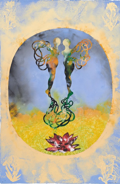 Stenciled pulp painting with printed kozo inclusion 
60 x 39 1/2 inches 
Edition of 10 
