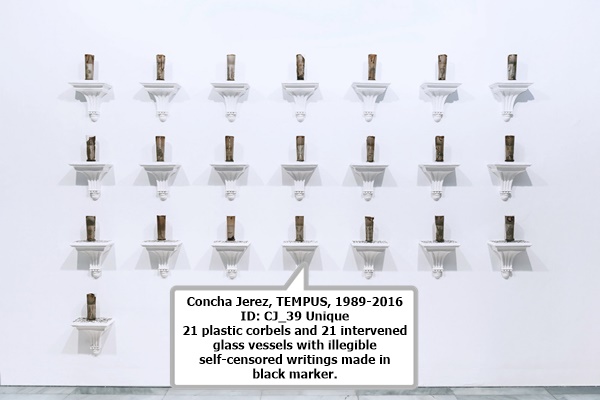 Concha Jerez

TEMPUS, 1989-2016

ID: CJ_39

Unique
21 plastic corbels and 21 intervened glass vessels with illegible self-censored writings made in black marker.