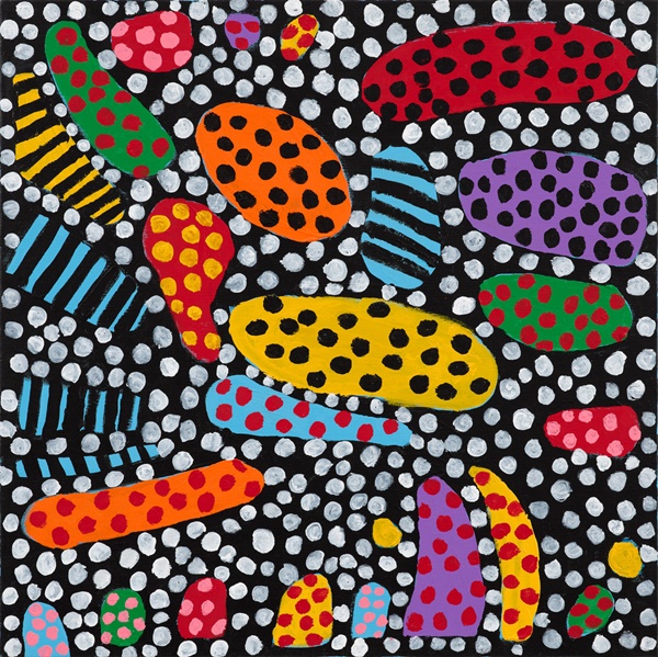 Yayoi Kusama, SAKURA SAKURA SAKURA From My Heart I Say Kindly You Toy with My Life and Death Thank You, Cherry Blossoms From My Heart I Say I Long to See You, 2021. Acrylic on canvas. 60.6 x 60.6 cm, 23 7/8 x 23 7/8 in © YAYOI KUSAMA. Courtesy Ota Fine Arts, Victoria Miro, and David Zwirner⁣.