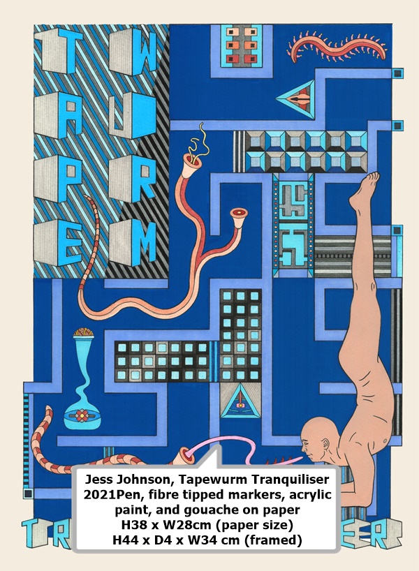 Jess Johnson, Tapewurm Tranquiliser
2021
Pen, fibre tipped markers, acrylic paint, and gouache on paper
H38 x W28cm (paper size) H44 x D4 x W34 cm (framed)