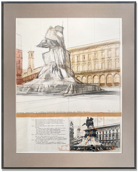 Christo
Wrapped Monument to Vittorio Emanuele, Project for Piazza del Duomo, Milan, 1975
Screenprint with collage
28 x 22 in.
Edition of 75