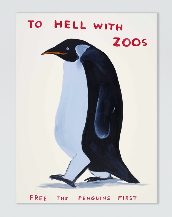 click to enlarge- double click to reduce David Shrigley
To Hell With Zoos (2021)
8 colour screenprint with a varnish overlay on Somerset Satin Tub Sized 410 gsm
75 x 56 cm
Edition of 125 (+ 4 AP)