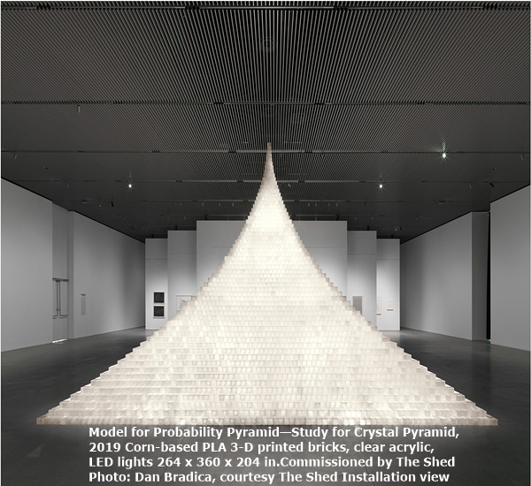 Installation view:
Model for Probability Pyramid—Study for Crystal Pyramid, 2019
Corn-based PLA 3-D printed bricks, clear acrylic, LED lights
264 x 360 x 204 in.
Commissioned by The Shed
Photo: Dan Bradica, courtesy The Shed