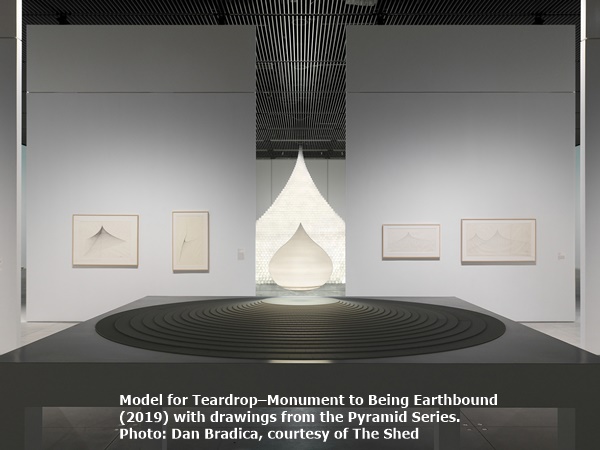 Model for Teardrop–Monument to Being Earthbound (2019) with drawings from the Pyramid Series.
 Photo: Dan Bradica, courtesy of The Shed