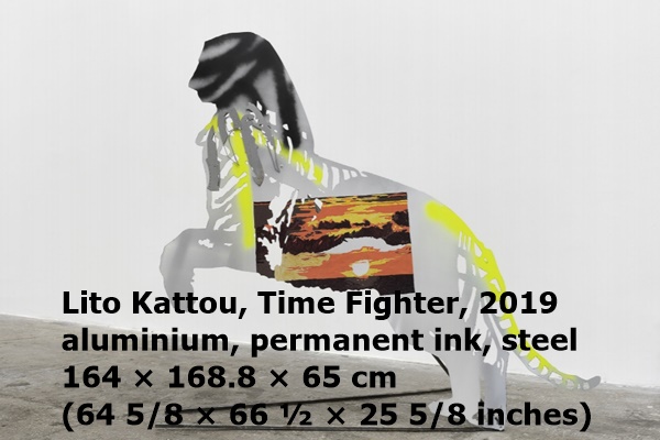 Lito Kattou
Time Fighter, 2019
aluminium, permanent ink, steel / alluminio, inchiostro permanente, acciaio
164 × 168.8 × 65 cm (64 ⅝ × 66 ½ × 25 ⅝ inches)