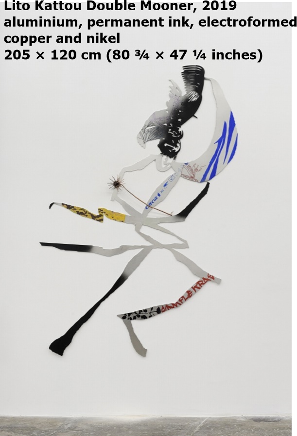 Lito Kattou
Double Mooner, 2019
aluminium, permanent ink, electroformed copper and nikel / alluminio, inchiostro permanente, rame elettroformato e nichel
205 × 120 cm (80 ¾ × 47 ¼ inches)