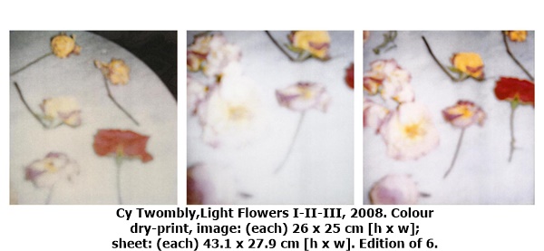 Cy Twombly,Light Flowers I-II-III, 2008. Colour dry-print, image: (each) 26 x 25 cm [h x w]; sheet: (each) 43.1 x 27.9 cm [h x w]. Edition of 6.

