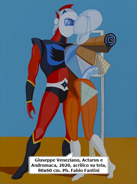 Giuseppe Veneziano, Actarus e Andromaca, 2020, acrilico su tela, 80x60 cm. Ph. Fabio Fantini