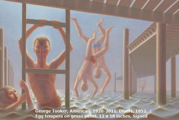 George Tooker, American, 1920-2011. Divers, 1952. Egg tempera on gesso panel. 12 x 18 inches. Signed
