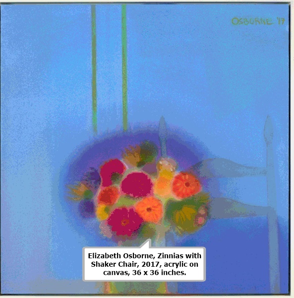 Elizabeth Osborne, Zinnias with Shaker Chair, 2017, acrylic on canvas, 36 x 36 inches.
