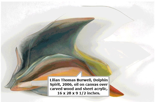 Lilian Thomas Burwell, Dolphin Spirit, 2006, oil on canvas over carved wood and sheet acrylic, 16 x 28 x 9 1/2 inches.