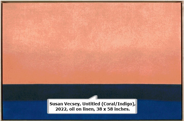 Susan Vecsey, Untitled (Coral/Indigo), 2022, oil on linen, 38 x 58 inches.