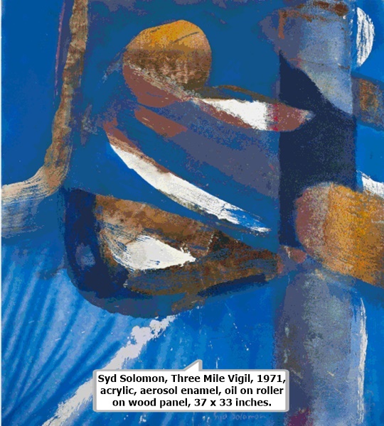 Syd Solomon, Three Mile Vigil, 1971, acrylic, aerosol enamel, oil on roller on wood panel, 37 x 33 inches.