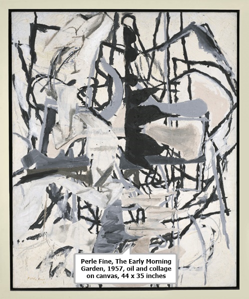 Perle Fine, The Early Morning Garden, 1957, oil and collage on canvas, 44 x 35 inches