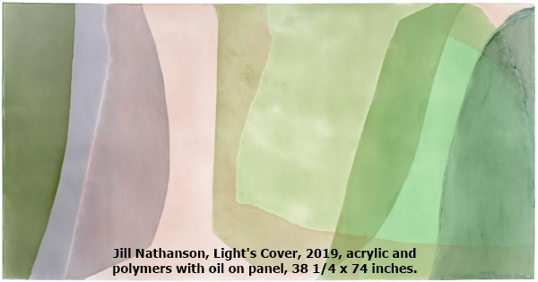 Jill Nathanson, Light's Cover, 2019, acrylic and polymers with oil on panel, 38 1/4 x 74 inches.