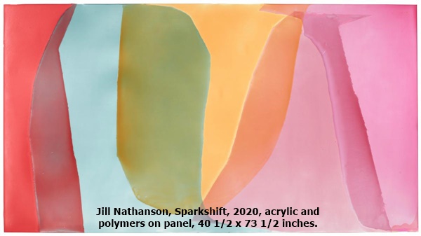 Jill Nathanson, Sparkshift, 2020, acrylic and polymers on panel, 40 1/2 x 73 1/2 inches.