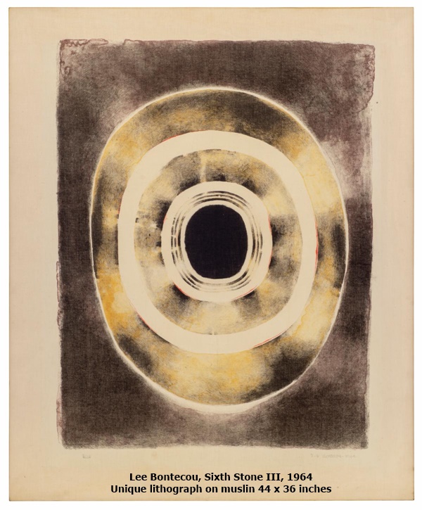 Lee Bontecou, Sixth Stone III, 1964
Unique lithograph on muslin
44 x 36 inches