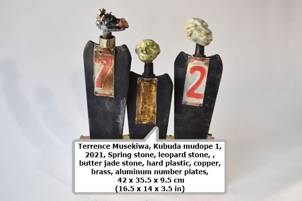 Terrence Musekiwa, Kubuda mudope 1, 2021, Spring stone, leopard stone, , butter jade stone, hard plastic, copper, brass, aluminum number plates, 42 x 35.5 x 9.5 cm (16.5 x 14 x 3.5 in)