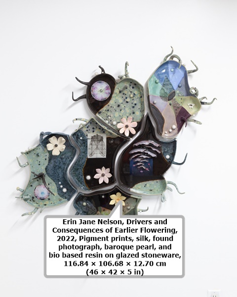 Erin Jane Nelson, Drivers and Consequences of Earlier Flowering, 2022, Pigment prints, silk, found photograph, baroque pearl, and bio based resin on glazed stoneware, 116.84 × 106.68 × 12.70 cm (46 × 42 × 5 in)