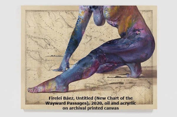 Firelei Báez, Untitled (New Chart of the Wayward Passages), 2020, oil and acryrlic on archival printed canvas