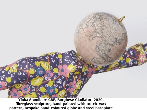 Yinka Shonibare CBE, Borghese Gladiator, 2020, fibreglass sculpture, hand-painted with Dutch wax pattern, bespoke hand-coloured globe and steel baseplate