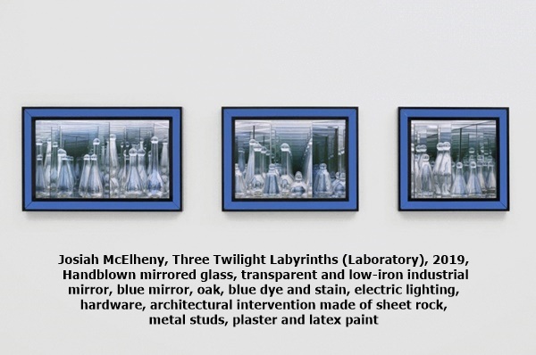 Josiah McElheny, Three Twilight Labyrinths (Laboratory), 2019, Handblown mirrored glass, transparent and low-iron industrial mirror, blue mirror, oak, blue dye and stain, electric lighting, hardware, architectural intervention made of sheet rock, metal studs, plaster and latex paint