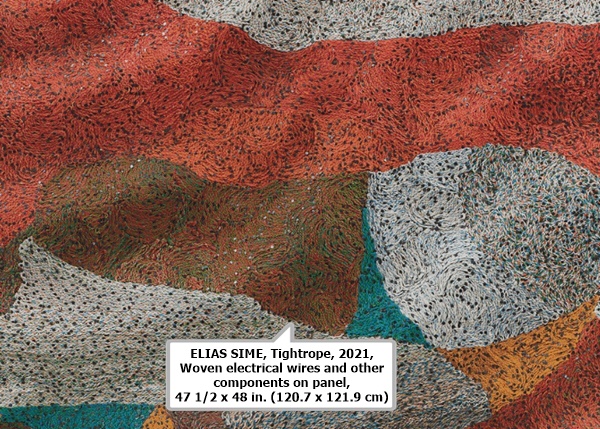 ELIAS SIME, Tightrope, 2021, Woven electrical wires and other components on panel, 47 1/2 x 48 in. (120.7 x 121.9 cm)