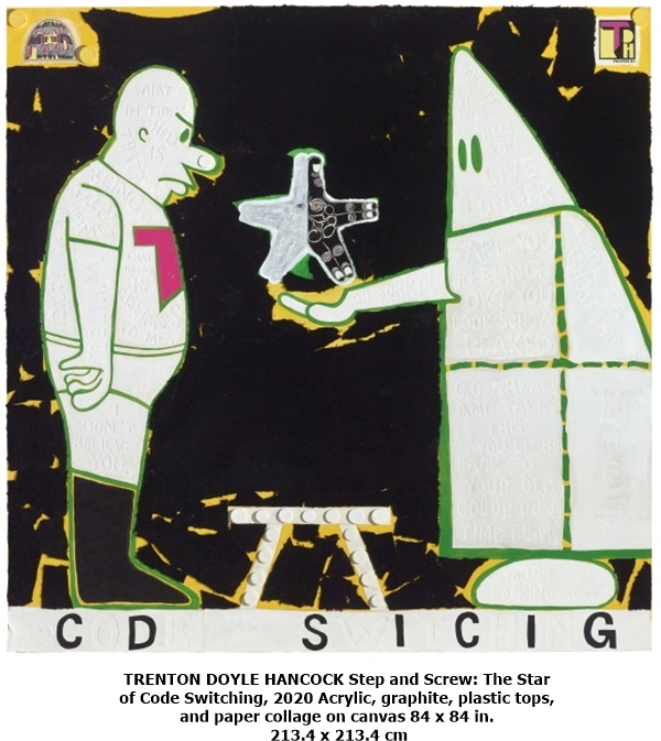 TRENTON DOYLE HANCOCK Step and Screw: The Star of Code Switching, 2020 Acrylic, graphite, plastic tops, and paper collage on canvas 84 x 84 in. 213.4 x 213.4 cm