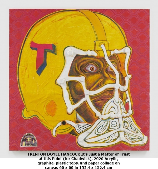 TRENTON DOYLE HANCOCK It's Just a Matter of Trust at this Point (for Chadwick), 2020 Acrylic, graphite, plastic tops, and paper collage on canvas 60 x 60 in 152.4 x 152.4 cm