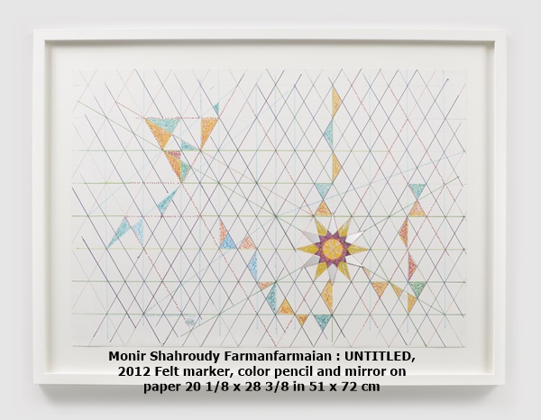 Monir Shahroudy Farmanfarmaian : UNTITLED, 2012
Felt marker, color pencil and mirror on paper
20 1/8 x 28 3/8 in
51 x 72 cm