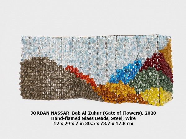 JORDAN NASSAR 
Bab Al-Zuhur (Gate of Flowers), 2020
Hand-flamed Glass Beads, Steel, Wire
12 x 29 x 7 in 
30.5 x 73.7 x 17.8 cm