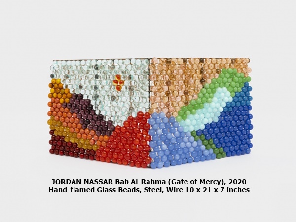 JORDAN NASSAR 
Bab Al-Rahma (Gate of Mercy), 2020
Hand-flamed Glass Beads, Steel, Wire
10 x 21 x 7 inches