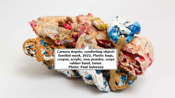Carmen Argote, comforting object: familial mask, 2022, Plastic bags, crayon, acrylic, iron powder, crepe rubber band, twine. Photo: Paul Salveson