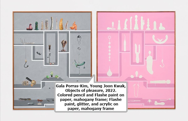 Gala Porras-Kim, Young Joon Kwak, Objects of pleasure, 2022. Colored pencil and Flashe paint on paper, mahogany frame; Flashe paint, glitter, and acrylic on paper, mahogany frame