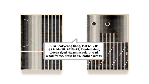 Suki Seokyeong Kang, Mat 61 x 81 #22-54+58, 2019–22, Painted steel, woven dyed Hwamunseok, thread, wood frame, brass bolts, leather scraps.