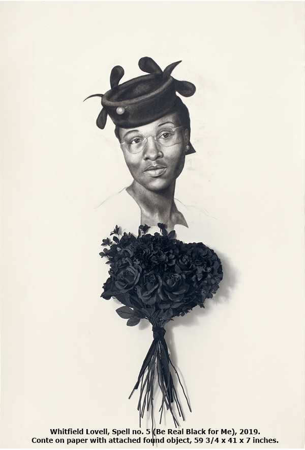 Whitfield Lovell, Spell no. 5 (Be Real Black for Me), 2019. Conte on paper with attached found object, 59 3/4 x 41 x 7 inches.