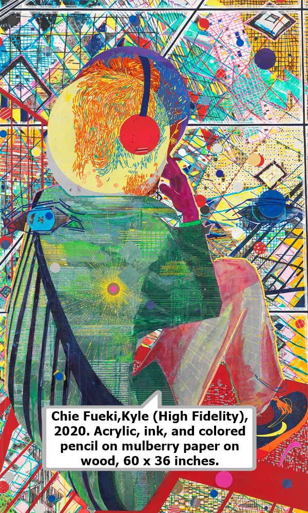 Chie Fueki,Kyle (High Fidelity), 2020. Acrylic, ink, and colored pencil on mulberry paper on wood, 60 x 36 inches.