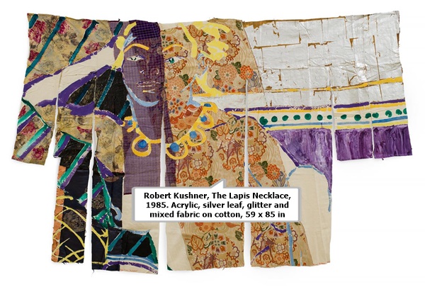 Robert Kushner, The Lapis Necklace, 1985. Acrylic, silver leaf, glitter and mixed fabric on cotton, 59 x 85 inches