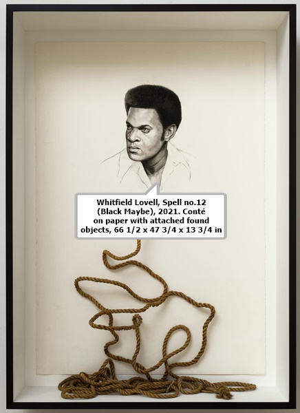 Whitfield Lovell, Spell no.12 (Black Maybe), 2021. Conté on paper with attached found objects, 66 1/2 x 47 3/4 x 13 3/4 in.