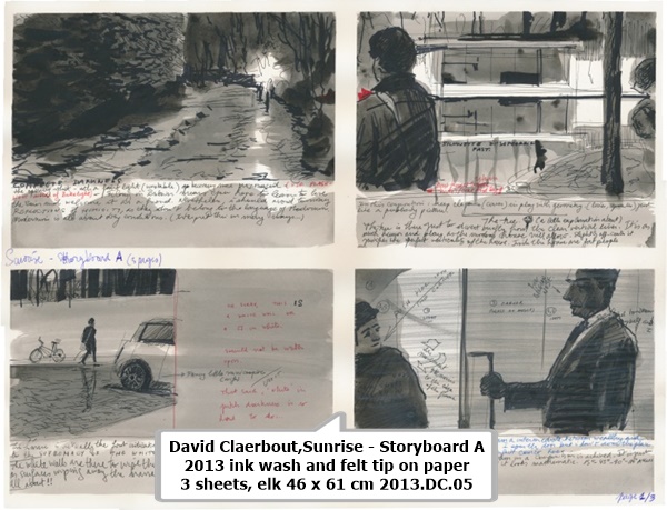 David Claerbout,Sunrise - Storyboard A
2013
ink wash and felt tip on paper
3 sheets, elk 46 x 61 cm
2013.DC.05