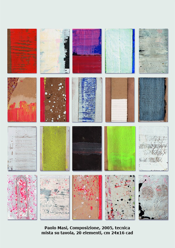 Paolo Masi, Composizione, 2005, tecnica mista su tavola, 20 elementi, cm 24x16 cad
