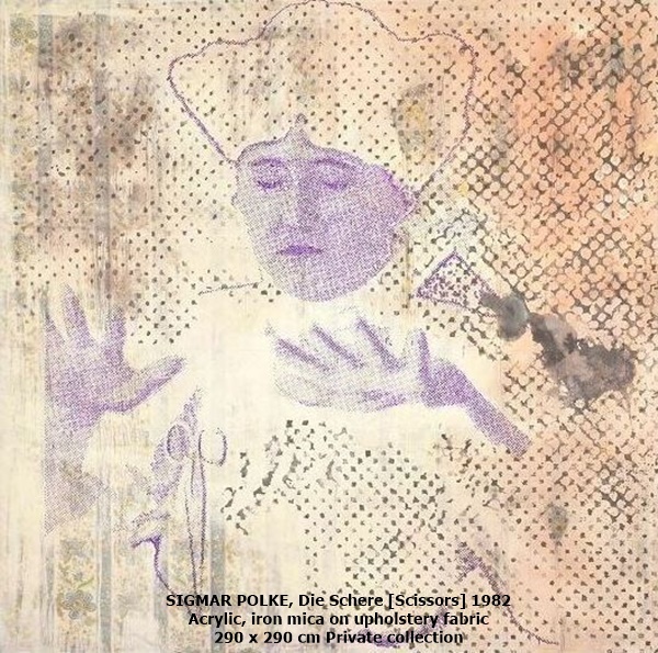 SIGMAR POLKE
Die Schere [Scissors]
1982 
Acrylic, iron mica on upholstery fabric
290 x 290 cm
Private collection