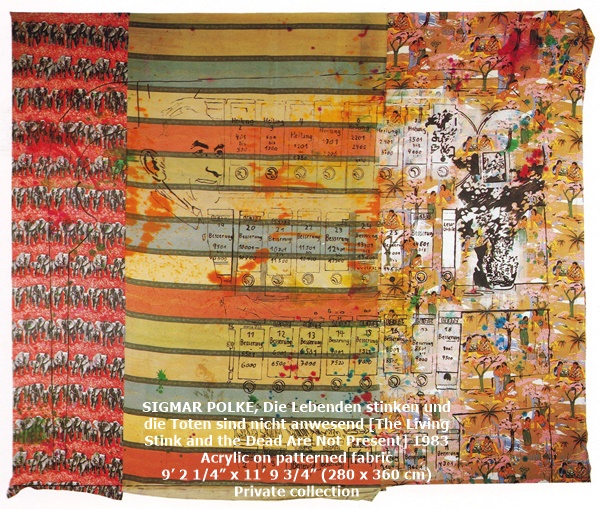 SIGMAR POLKE
Die Lebenden stinken und die Toten sind nicht anwesend [The Living Stink and the Dead Are Not Present]
1983
Acrylic on patterned fabric
9’ 2 1/4” x 11’ 9 3/4” (280 x 360 cm)
Private collection