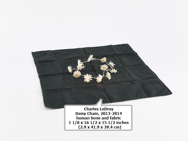 Charles LeDray
Daisy Chain
2013-2014
human bone and fabric
1 1/8 x 16 1/2 x 15 1/2 inches
  (2.9 x 41.9 x 39.4 cm)